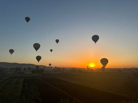       Hot air balloons during sunrise over a landscape.
  