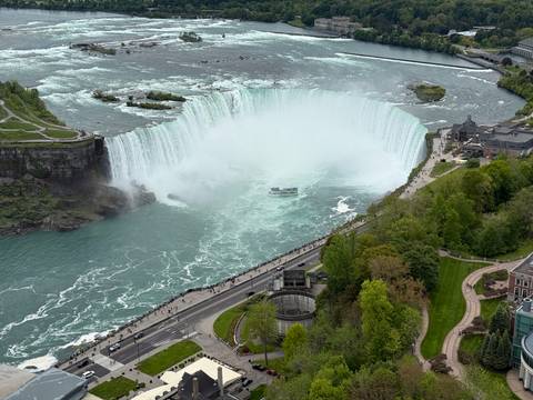 Aerial view of Niagara Falls with surrounding greenery.