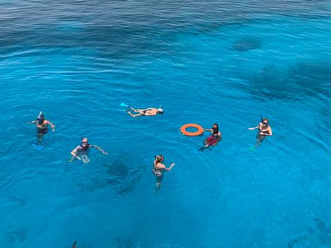 People swimming in clear blue water with snorkeling gear.