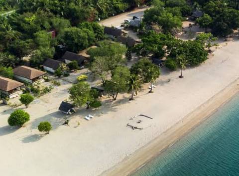 Aerial view of a sandy beach with trees and huts.
