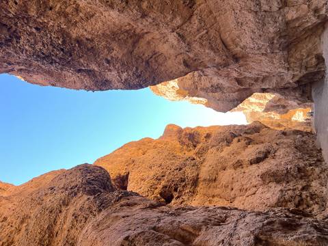Rocky canyon with a view of the sky.