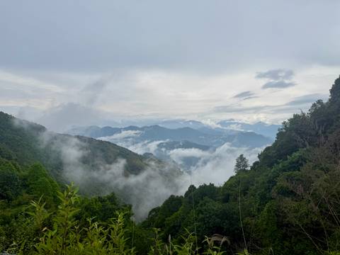 Scenic view of lush green mountains and clouds.