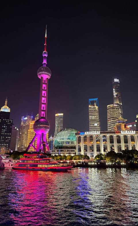 Night view of Shanghai's skyline with the Oriental Pearl Tower illuminated.