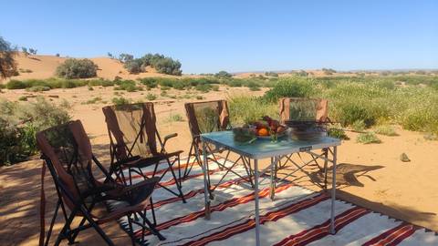       Outdoor seating with chairs set up in a desert with some greenery.
  