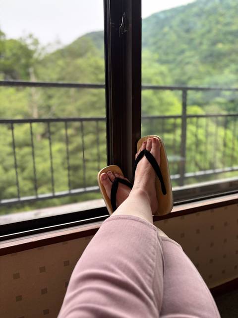       Person relaxing with flip flops by a window view of greenery.
  