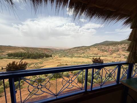 Scenic view of a valley from a balcony with potted plants.