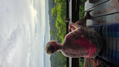 Individual enjoying a scenic view from a balcony.