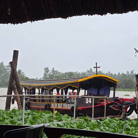       Traditional boat on a river with lush greenery in the background.
  