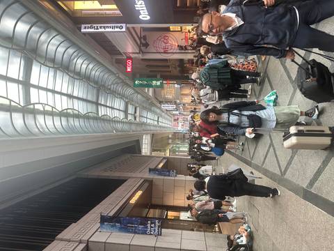 People walking in a busy indoor shopping street with signs and shops.