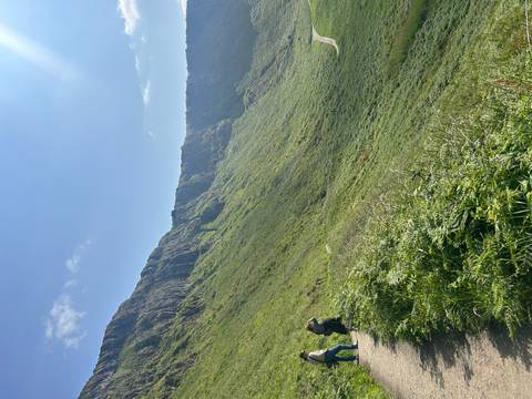 Cliffs covered in grass with clear sky.