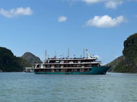       Large cruise ship in a bay with mountainous landscape.
  