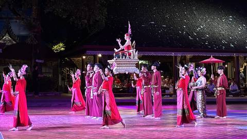       Traditional dancers performing a cultural show outdoors.
  