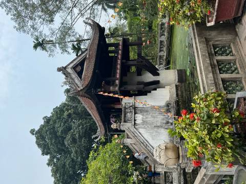       Wooden structure on stilts above a pond, surrounded by plants.
  