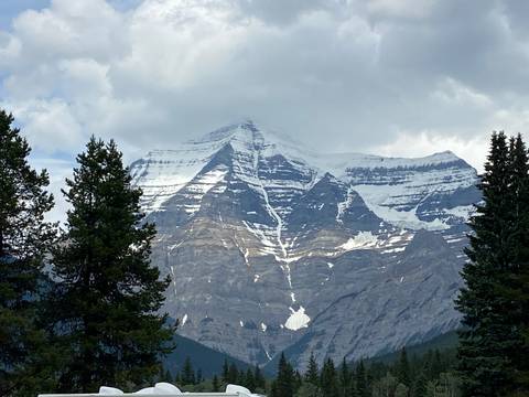       Snow-capped mountain with trees in the foreground.
  