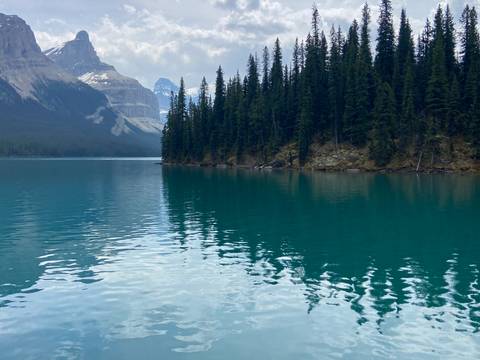       Turquoise lake with coniferous trees and mountainous backdrop.
  