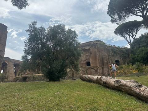 Person standing on a large fallen tree with ruins.
