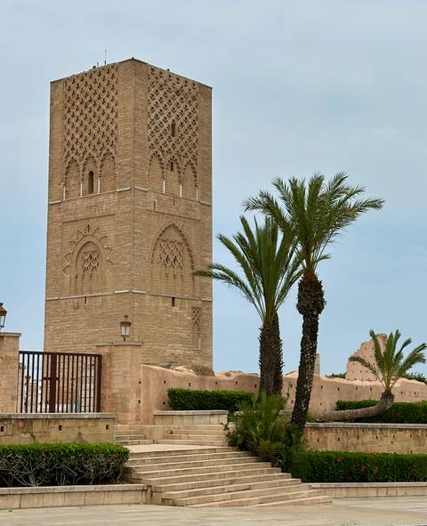 Minaret and palm trees against a cloudy sky.