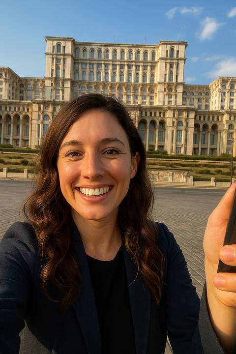 Woman smiling with a historic architectural building in the background.