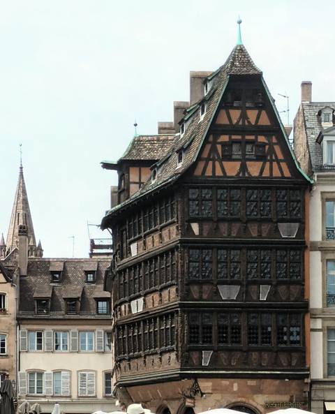 Historic building with half-timbered architecture.