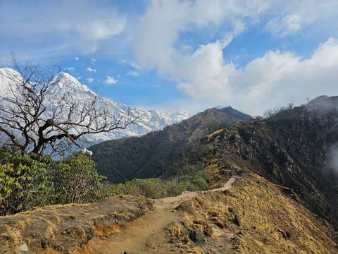 Mountain ridge with hiking trail and snowy peaks.