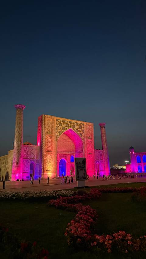 Colorfully lit historical building at night.