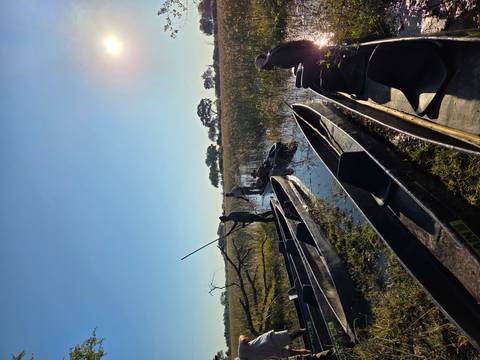 People in traditional canoes traversing narrow water channels.