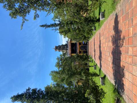       Temple with a pagoda and trees along a brick pathway.
  