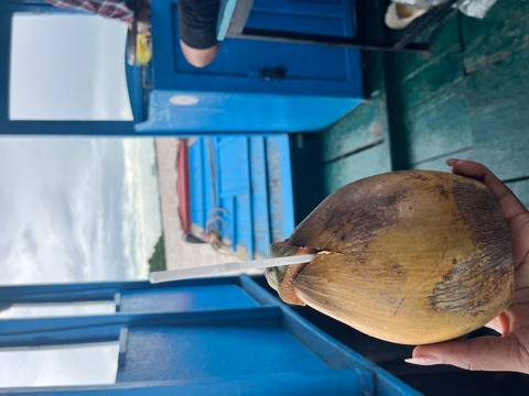       Coconut drink with straw on a blue boat.
  