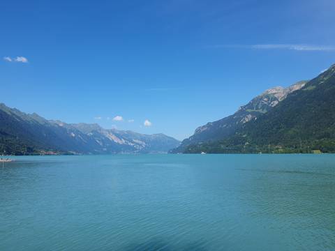 A stunning lake bordered by mountains under a clear blue sky.