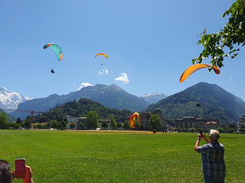 Paragliders flying over a grassy field with mountains.