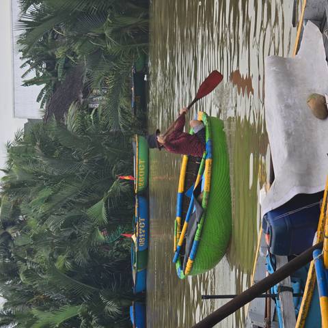       Person paddling a traditional boat in a river surrounded by lush vegetation.
  
