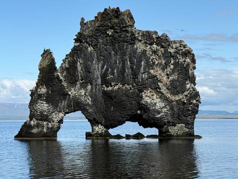      Rock formation resembling an animal, sitting in the water.
  