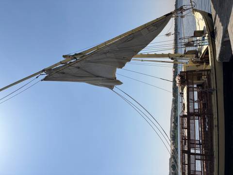 Sailboat on water with the coastline.