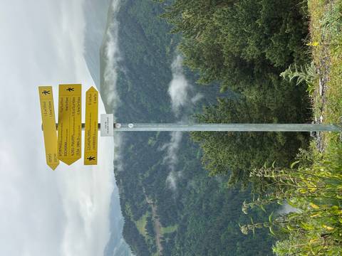       Trail signpost with cloudy mountainous view.
  