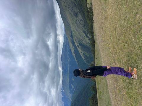 Person looking at mountainous view from a grassy field.
