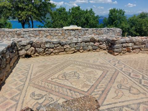       Ancient mosaic on stone plates with trees in the background.
  