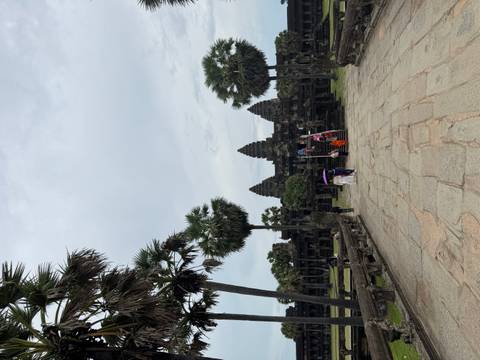 Temple path with visitors, palm trees lining the walkway.