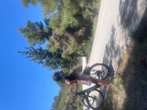       Woman with a bicycle standing by the roadside.
  
