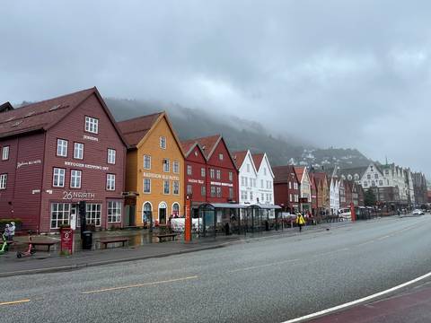       Colorful historic buildings along a street on a rainy day.
  