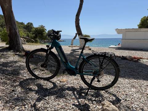       Bicycle parked on a pebbled beach by the sea.
  