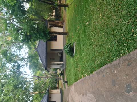       Small cabin in a lush garden with trees.
  
