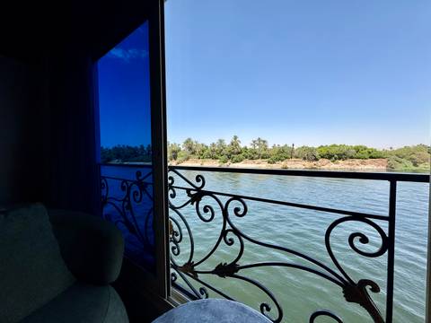       View from a boat window showing a river with palm trees on the bank.
  