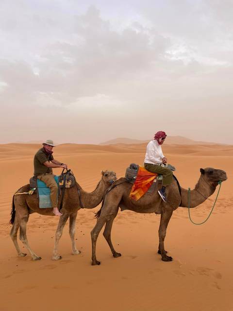       Two people riding camels in a vast desert landscape.
  