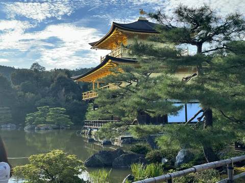 A picturesque view of a traditional Japanese pavilion by a pond with trees.