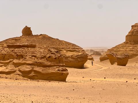       Rock formations with a person walking near by.
  