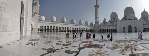 Expansive mosque courtyard with intricate floral designs.