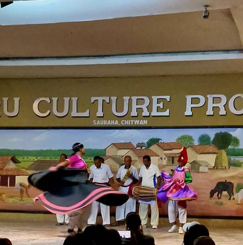       Cultural scene with people in traditional attire performing on stage.
  