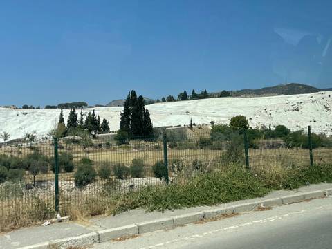 White travertine terraces with green trees in the background.