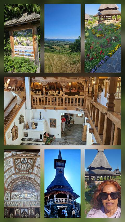 An interior of a traditional building with wooden beams and people inside.