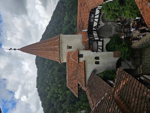 A medieval fort with a conical tower surrounded by dense forest.
